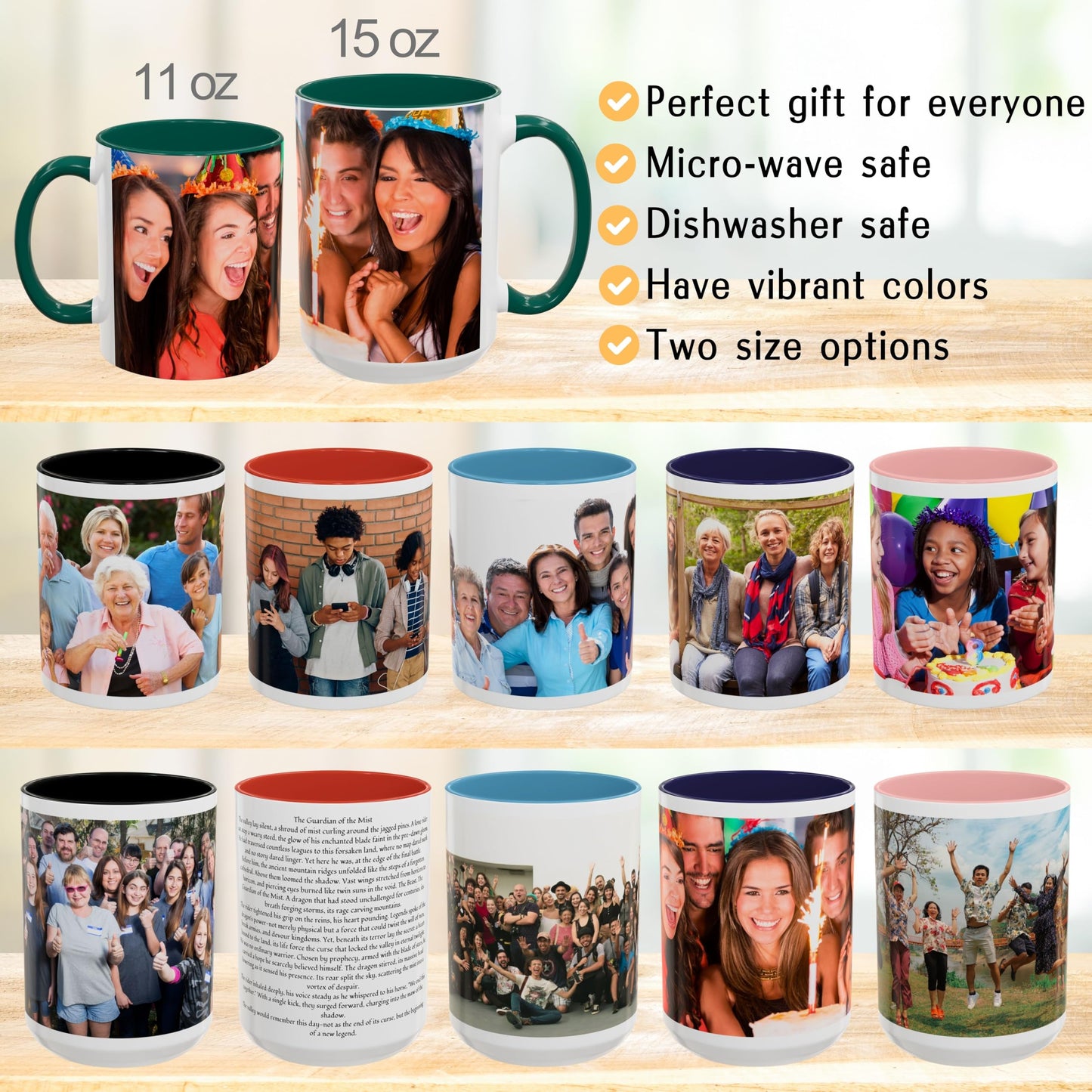 Custom Mug White/Green 15oz, Personalized Gift with Photo, Text or Logo, Wrap Around Design
