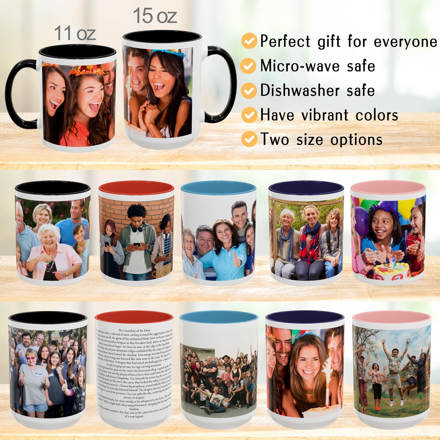 Custom Mug, 11oz White/Black Wrap Around Design Ceramic Coffee Mug, Personalized Gift with Photo, Text or Logo
