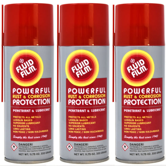 Fluid Film (3 Aerosol Cans) Rust & Corrosion Protection; Metal Surface Penetrant & Lubricant, Marine, Automotive, Industrial, Home, 11.75 Oz, FLUID FILM - AS11 - 3/PACK