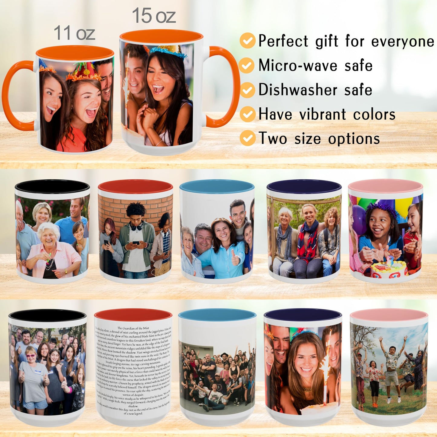 Custom Mug White/Orange 11oz, Personalized Gift with Photo, Text or Logo, Wrap Around Design