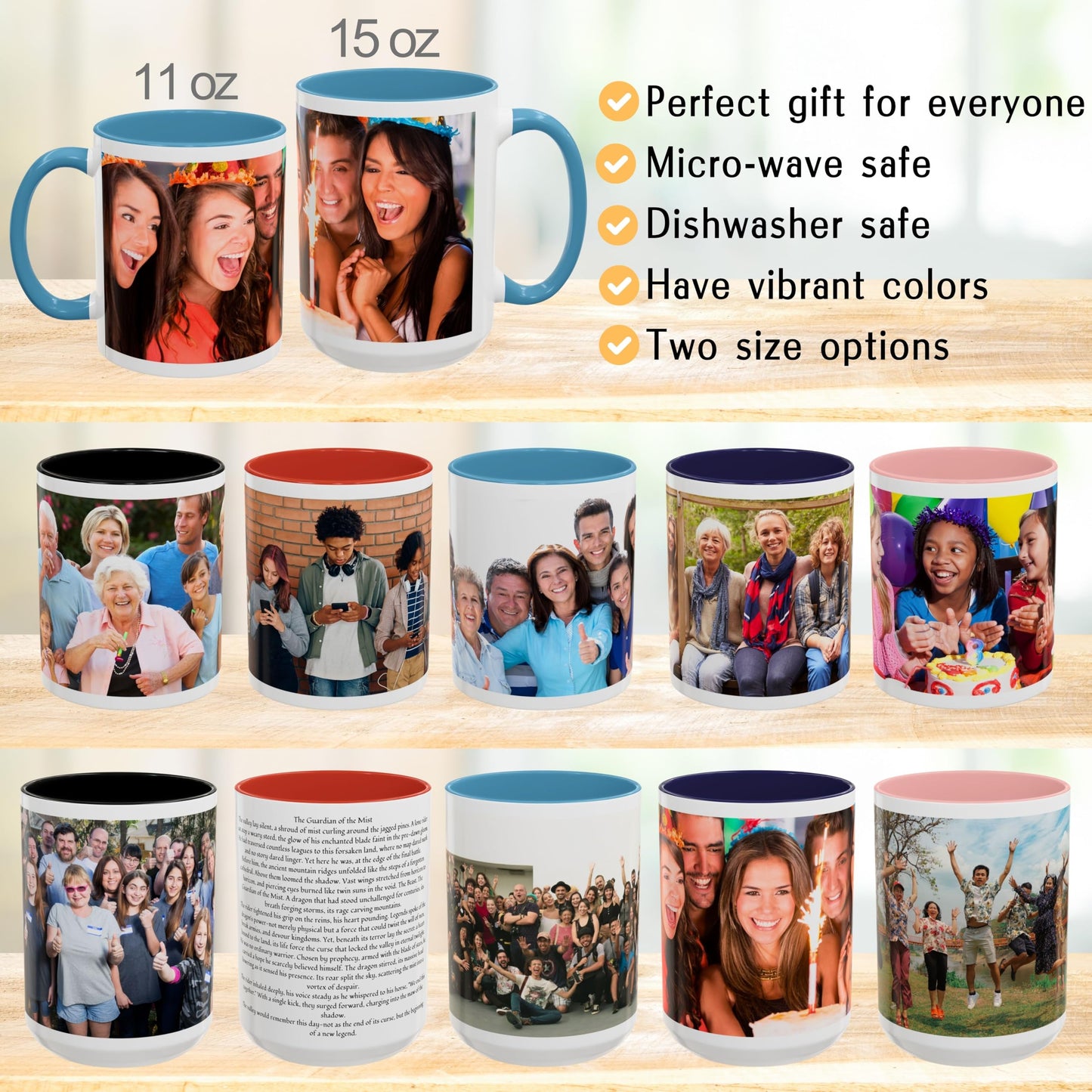 Mug personnalisé, Mug à café en céramique de 325 ml, blanc/bleu clair, avec motif enveloppant, cadeau personnalisé avec photo, texte ou logo