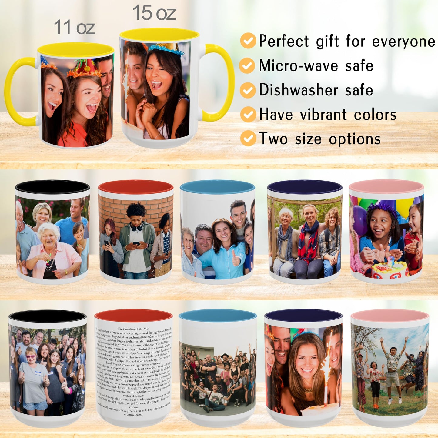 Mug personnalisé, 44 cl, motif enveloppant blanc/jaune, en céramique, cadeau personnalisé avec photo, texte ou logo