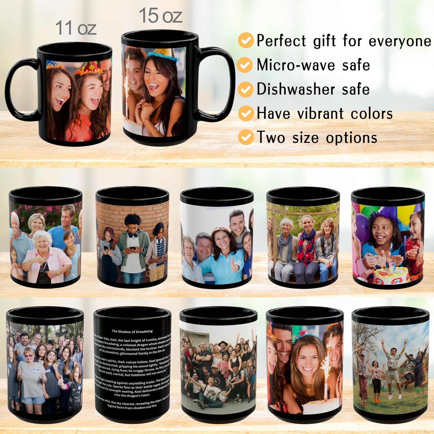 Tasse individuell gestalten, 425ml komplett schwarze Keramik-Kaffeetasse mit Rundumdruck, personalisiertes Geschenk mit Foto, Text oder Logo