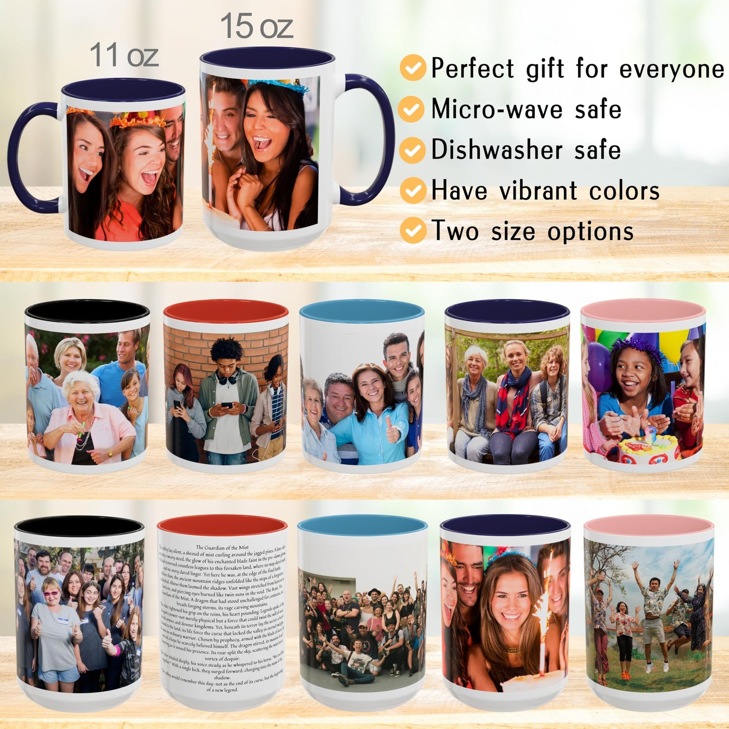 Custom Mug, 325ml White/Navy Wrap Around Design Ceramic Coffee Mug, Personalized Gift with Photo, Text or Logo