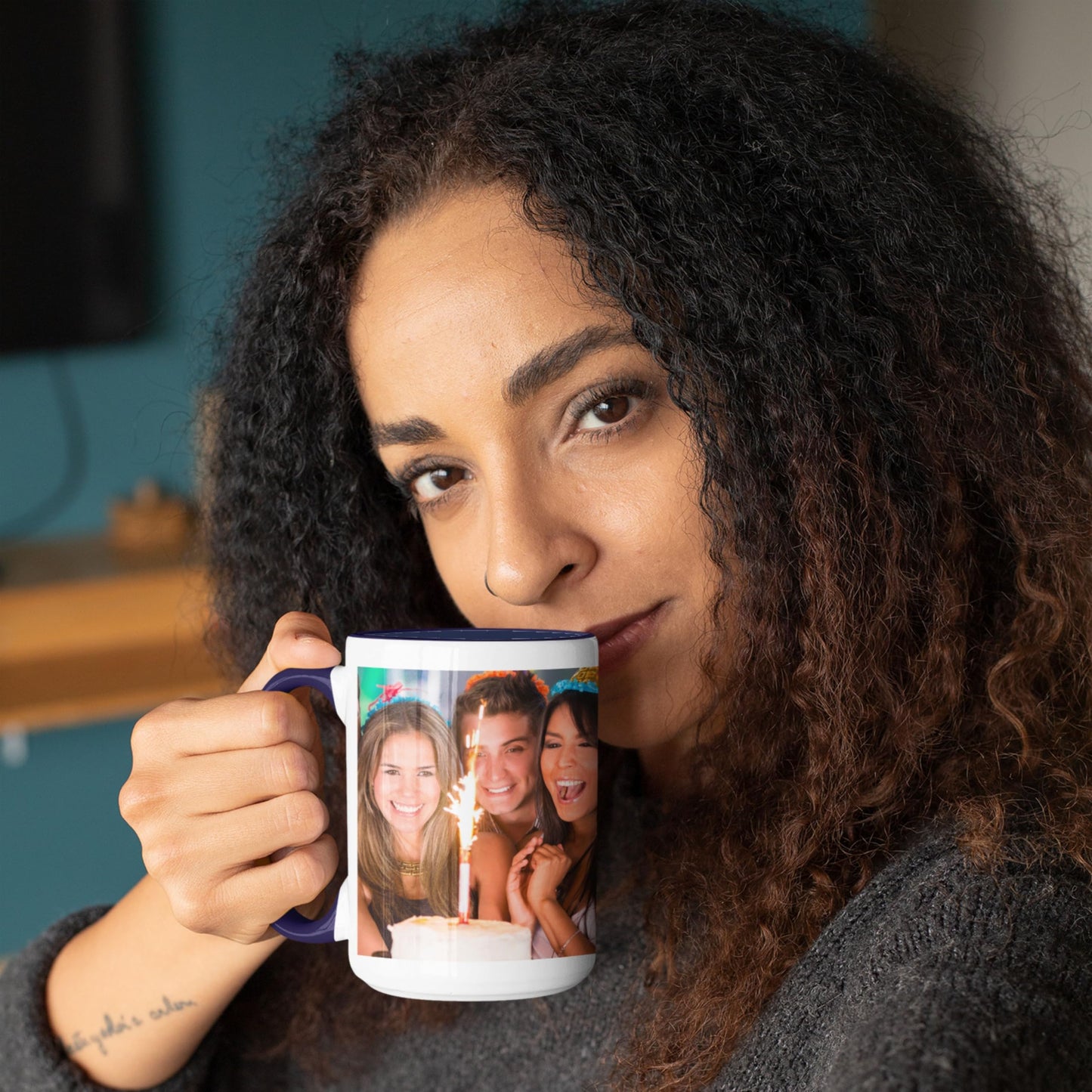 Custom Mug White/Navy 15oz, Personalized Gift with Photo, Text or Logo, Wrap Around Design