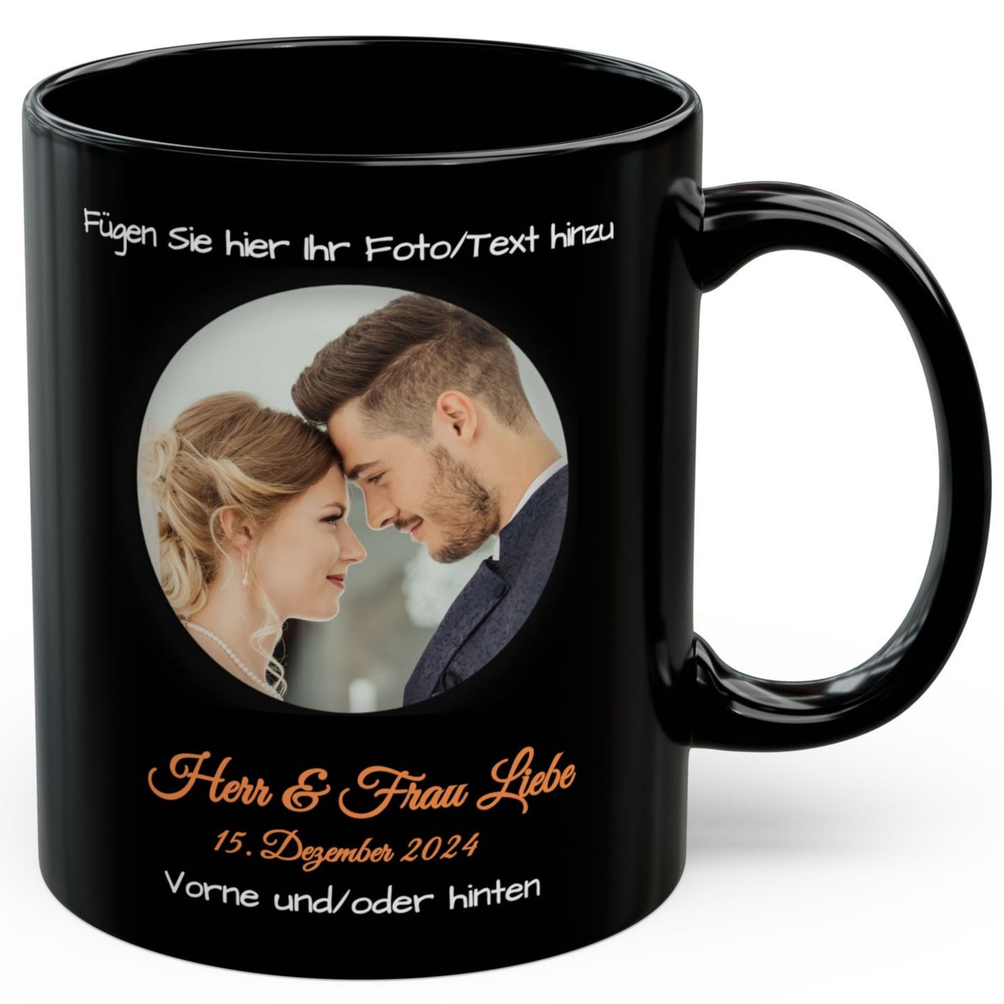 Personalisierte Tasse, komplett schwarz, 325 ml, Geschenkidee mit Foto, Text oder Logo, Kreisdesign