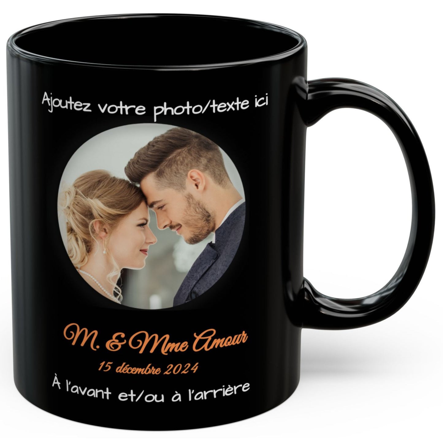 Mug personnalisé, Tasse à café en céramique noire de 325 ml avec motif circulaire, Cadeau personnalisé avec photo, texte ou logo