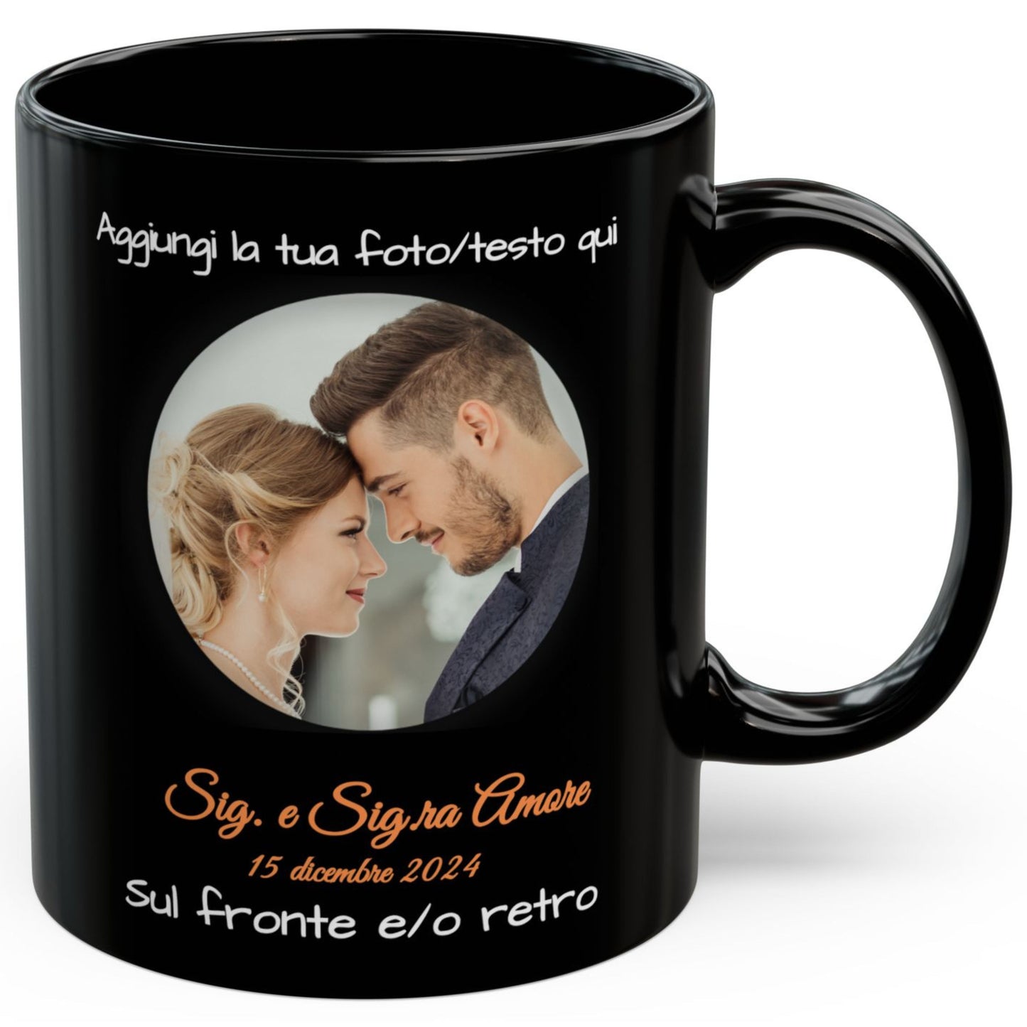 Personalisierte Tasse, 325 ml, komplett schwarz, rundes Design, Keramik-Kaffeetasse, personalisiertes Geschenk mit Foto, Text oder Logo