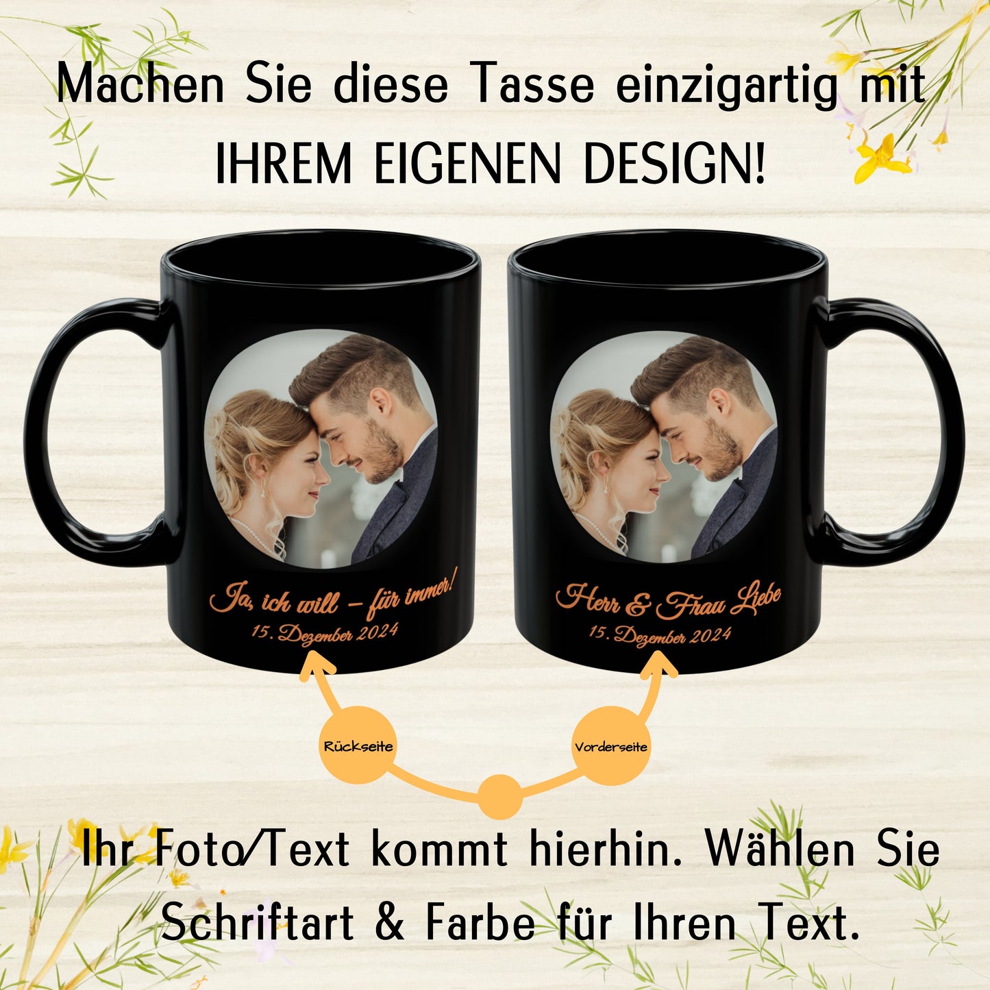 Personalisierte Tasse, komplett schwarz, 325 ml, Geschenkidee mit Foto, Text oder Logo, Kreisdesign