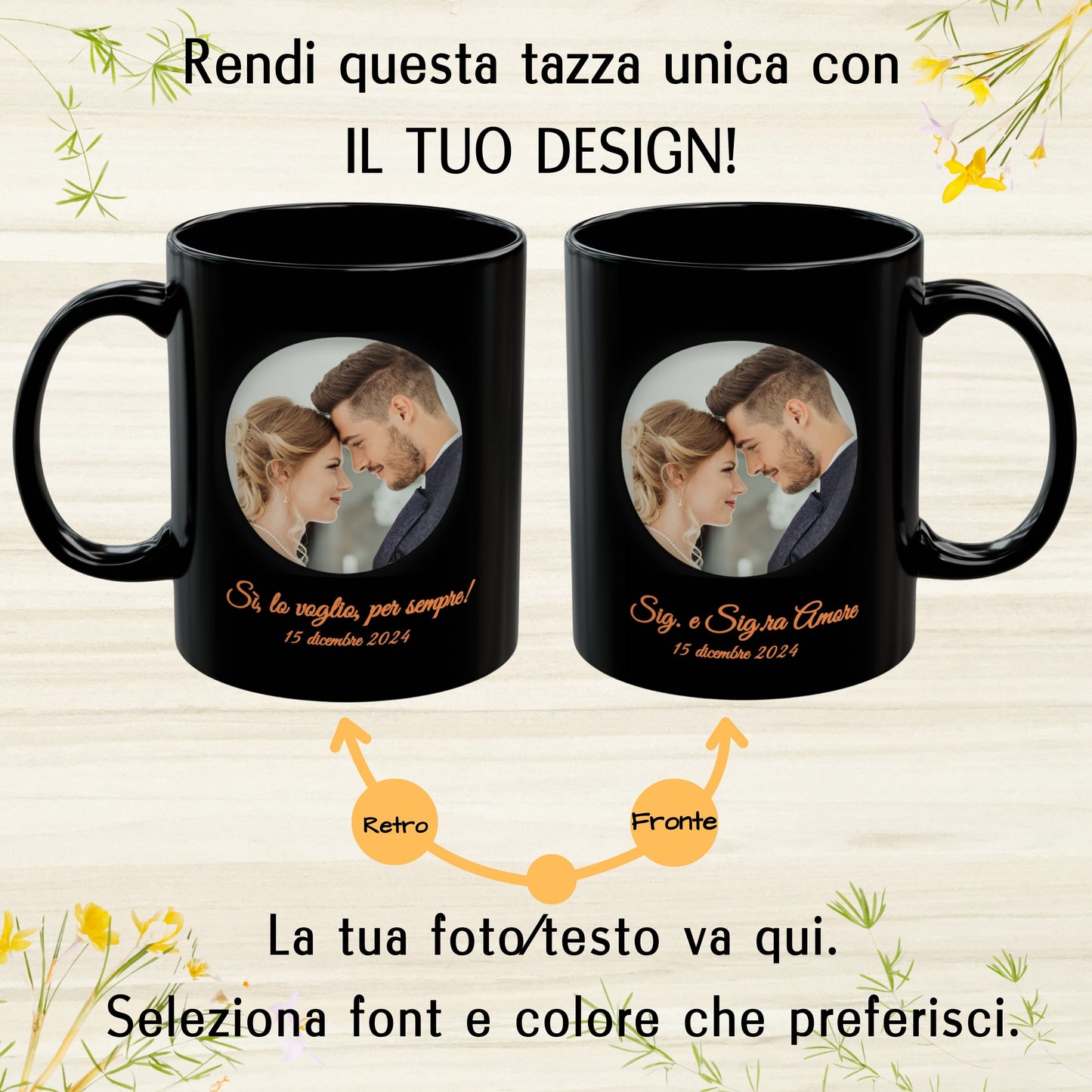 Personalisierte Tasse, 325 ml, komplett schwarz, rundes Design, Keramik-Kaffeetasse, personalisiertes Geschenk mit Foto, Text oder Logo