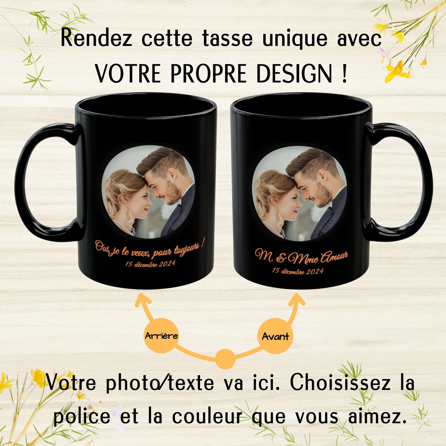 Mug personnalisé, Tasse à café en céramique noire de 325 ml avec motif circulaire, Cadeau personnalisé avec photo, texte ou logo
