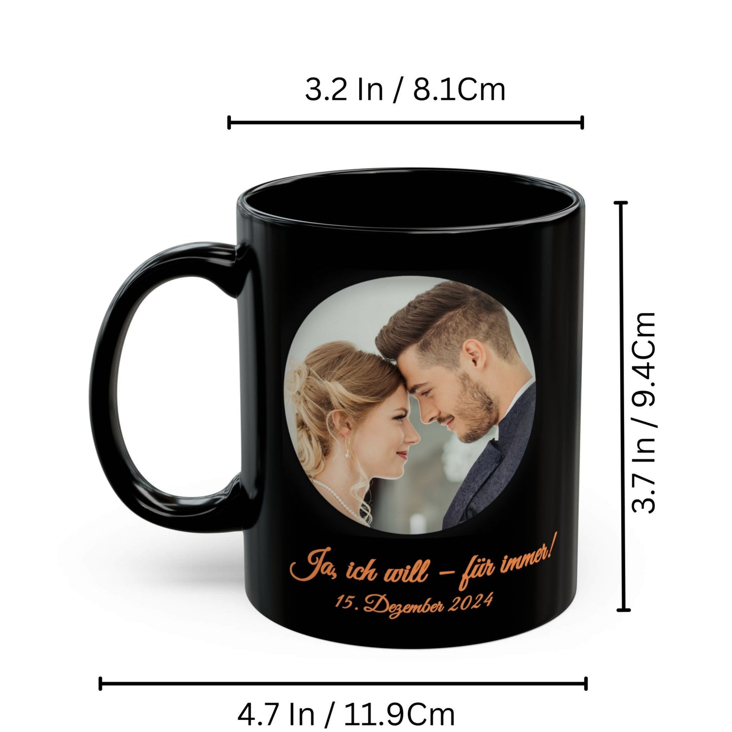 Personalisierte Tasse, komplett schwarz, 325 ml, Geschenkidee mit Foto, Text oder Logo, Kreisdesign