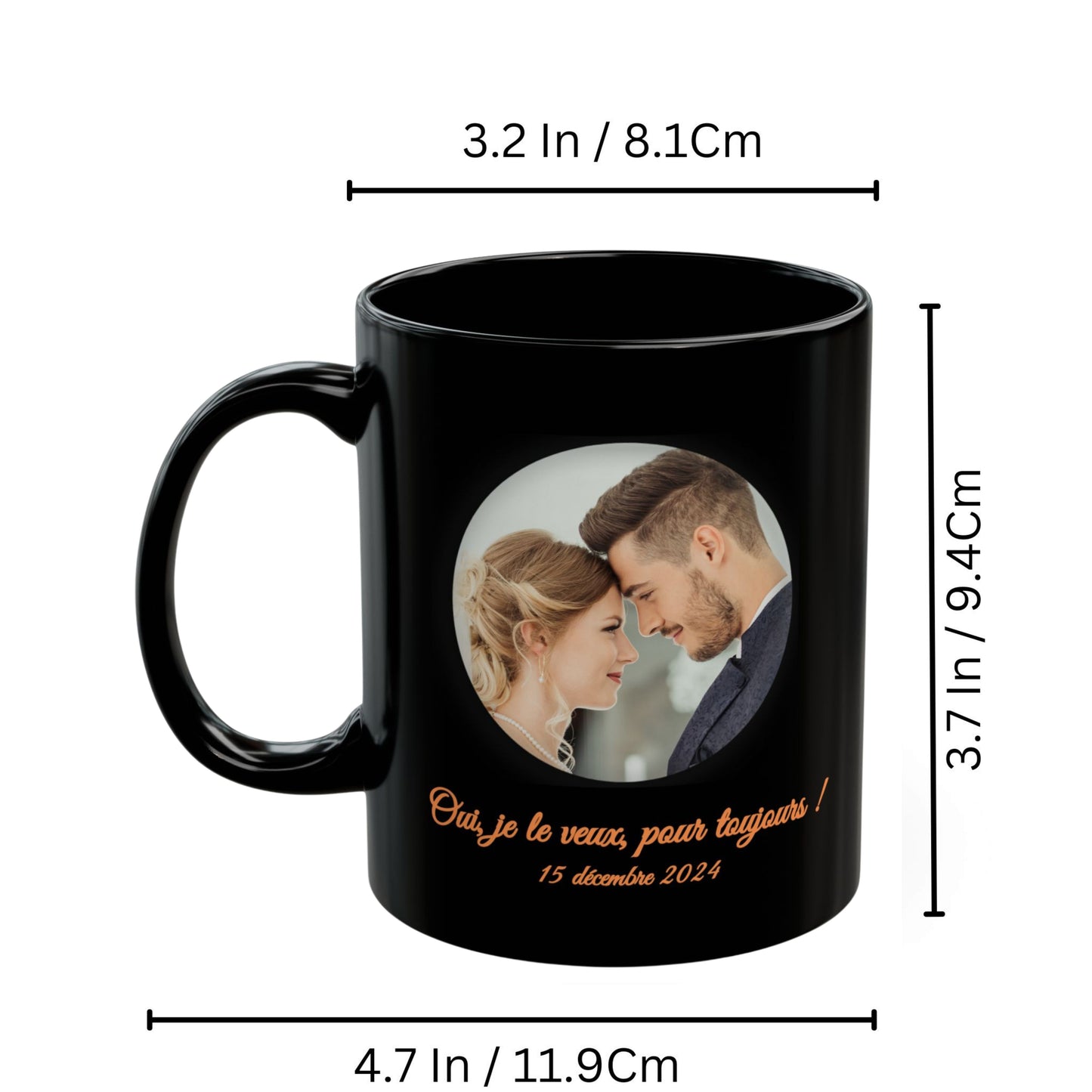 Mug personnalisé, Tasse à café en céramique noire de 325 ml avec motif circulaire, Cadeau personnalisé avec photo, texte ou logo
