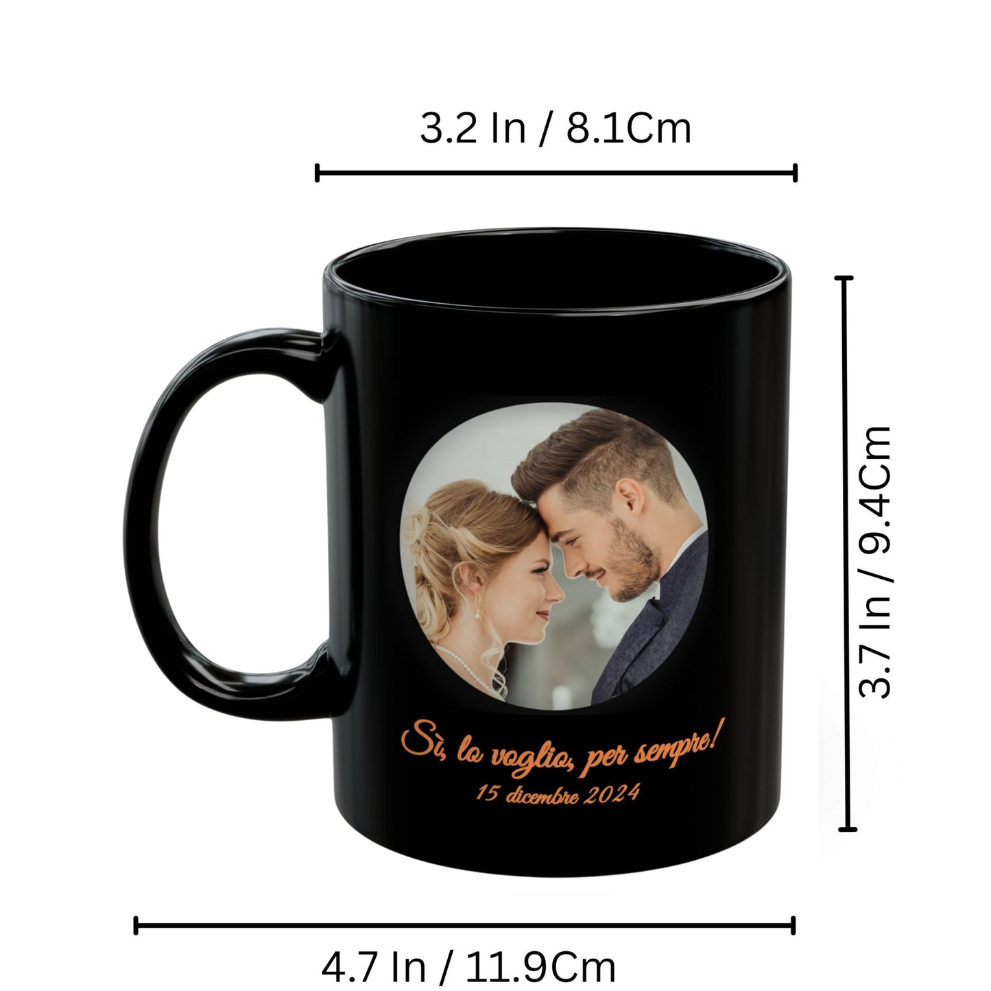 Personalisierte Tasse, 325 ml, komplett schwarz, rundes Design, Keramik-Kaffeetasse, personalisiertes Geschenk mit Foto, Text oder Logo