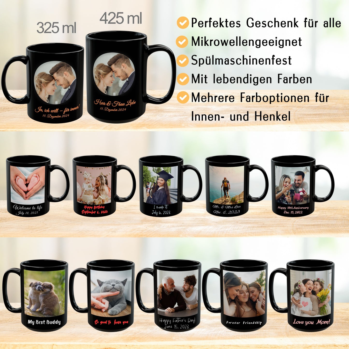 Personalisierte Tasse, komplett schwarz, 325 ml, Geschenkidee mit Foto, Text oder Logo, Kreisdesign