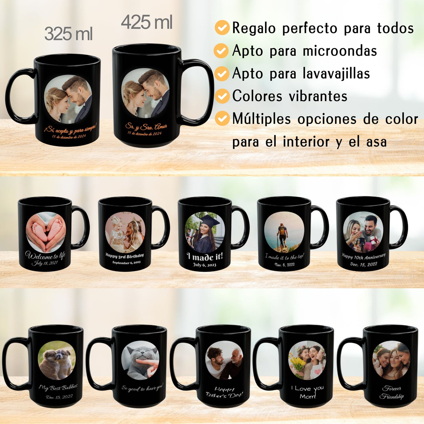 Personalisierte Tasse, 325ml Vollständig schwarz Kreisförmiges Design Keramik-Kaffeetasse, Personalisiertes Geschenk mit Foto, Text oder Logo
