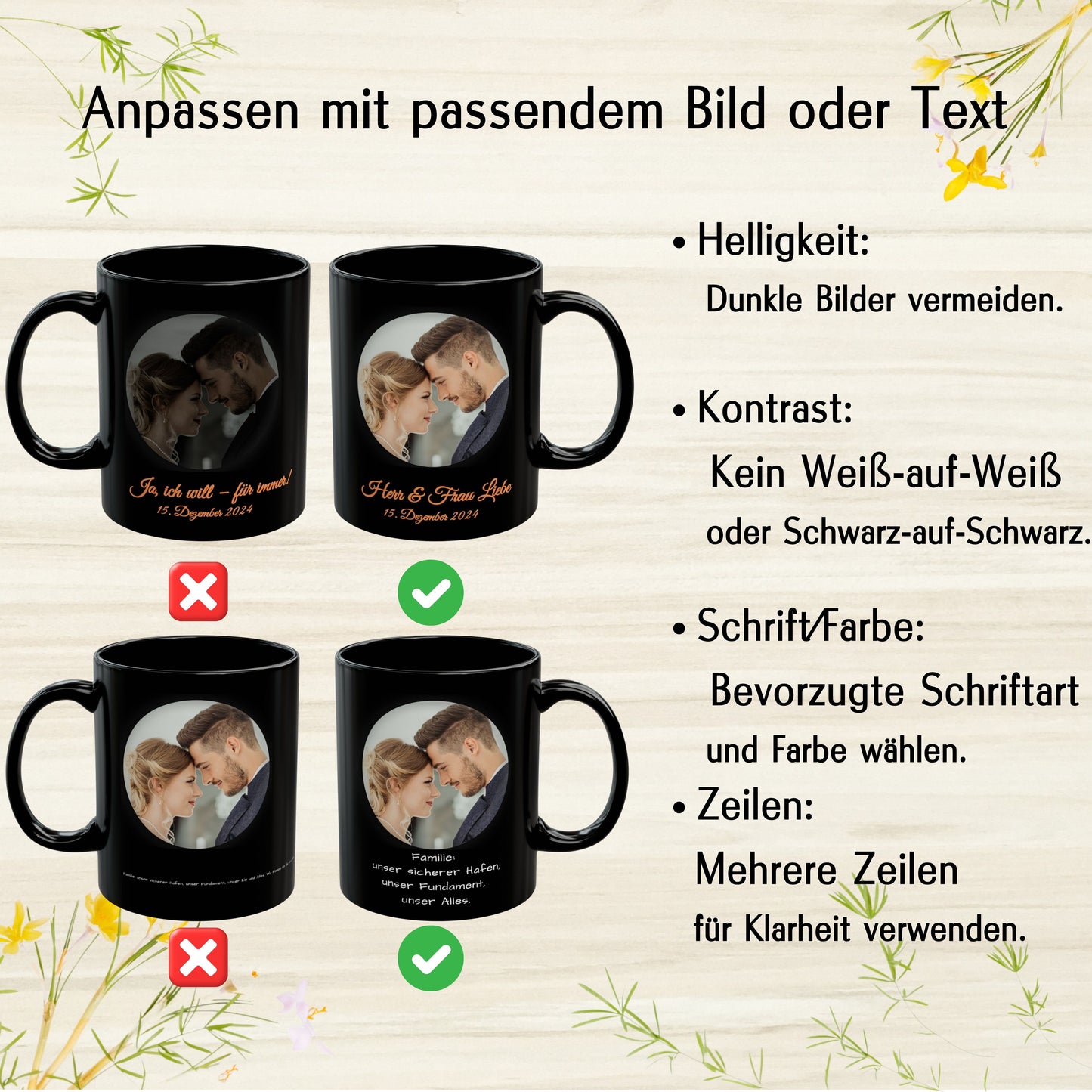Personalisierte Tasse, komplett schwarz, 325 ml, Geschenkidee mit Foto, Text oder Logo, Kreisdesign