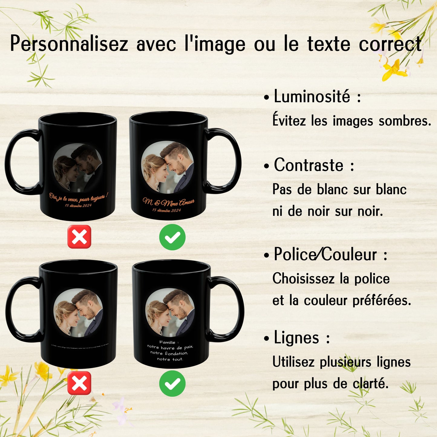 Mug personnalisé, Tasse à café en céramique noire de 325 ml avec motif circulaire, Cadeau personnalisé avec photo, texte ou logo