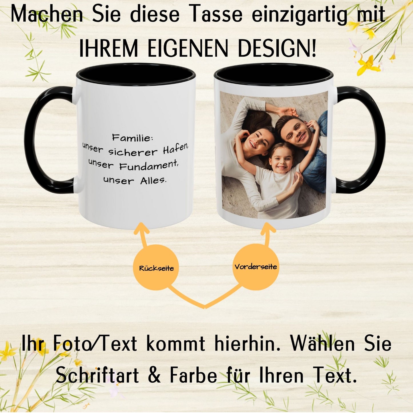 Personalisierte Tasse, 325ml, weiß/schwarz, quadratisches Design, Keramik-Kaffeetasse, personalisiertes Geschenk mit Foto, Text oder Logo