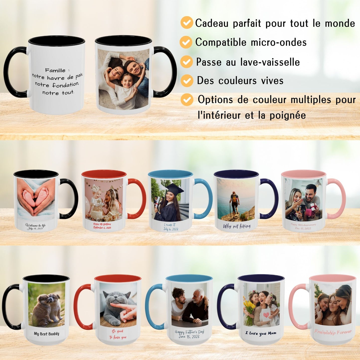 Tasse personnalisée, mug à café en céramique 325 ml blanc/noir à motif carré, cadeau personnalisé avec photo, texte ou logo