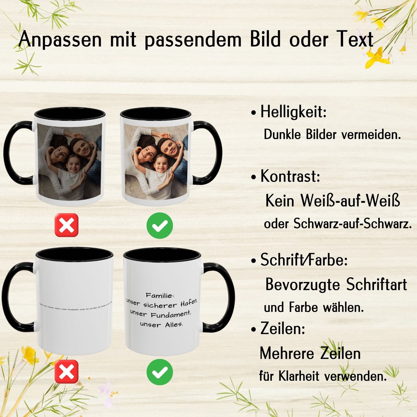 Personalisierte Tasse, 325ml, weiß/schwarz, quadratisches Design, Keramik-Kaffeetasse, personalisiertes Geschenk mit Foto, Text oder Logo