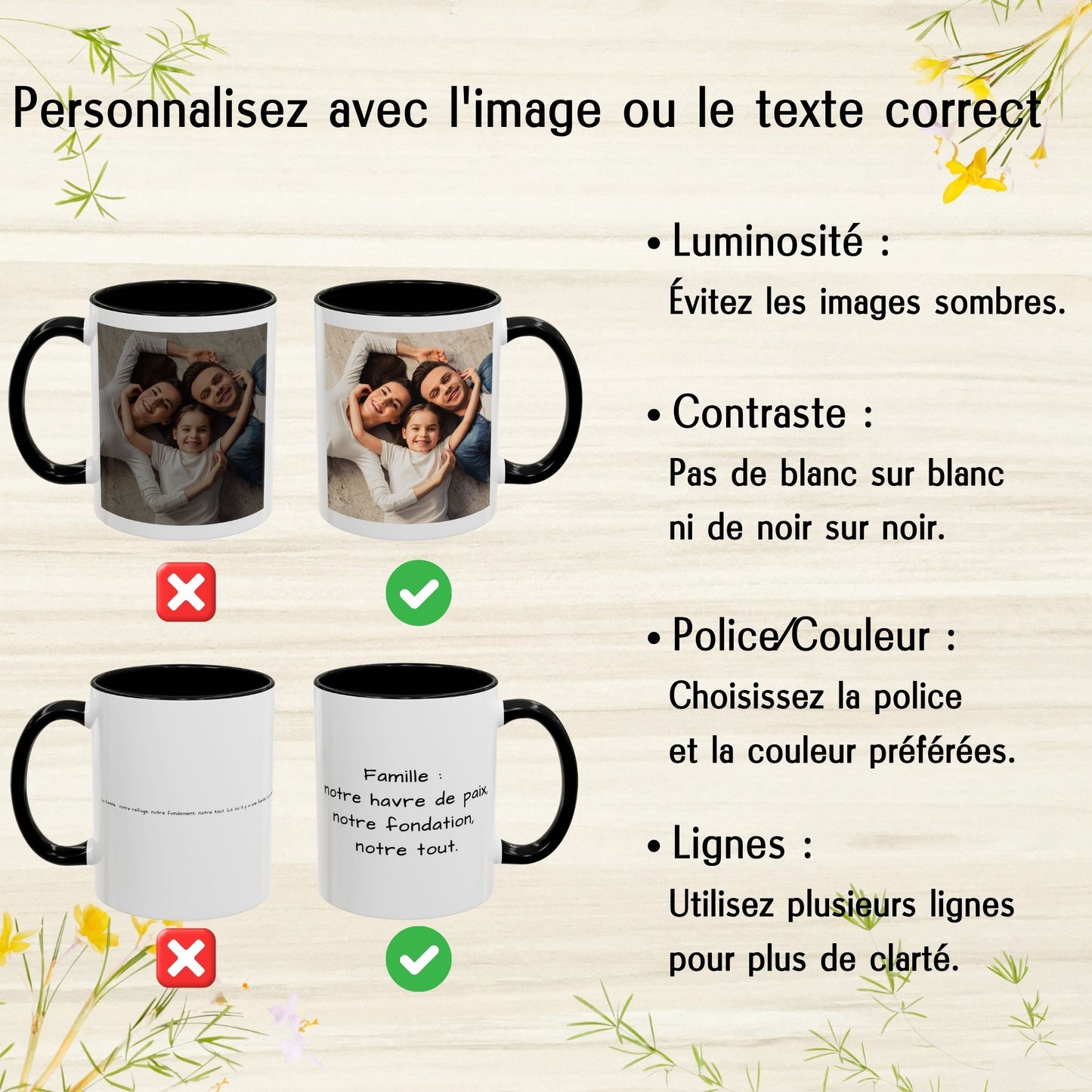 Tasse personnalisée, mug à café en céramique 325 ml blanc/noir à motif carré, cadeau personnalisé avec photo, texte ou logo