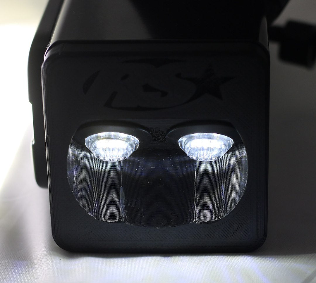Race Sport Lighting DHDHB17UP Backup Light; Hitch Bar; Set Of 2; Clear Bulb; 7 Inch Black Rectangular Housing; OSRAM LED; 60 Watt; 5750 Lumens; Flood Beam; Heated Lens; IP67 Waterproof; With Dual End Light Cap