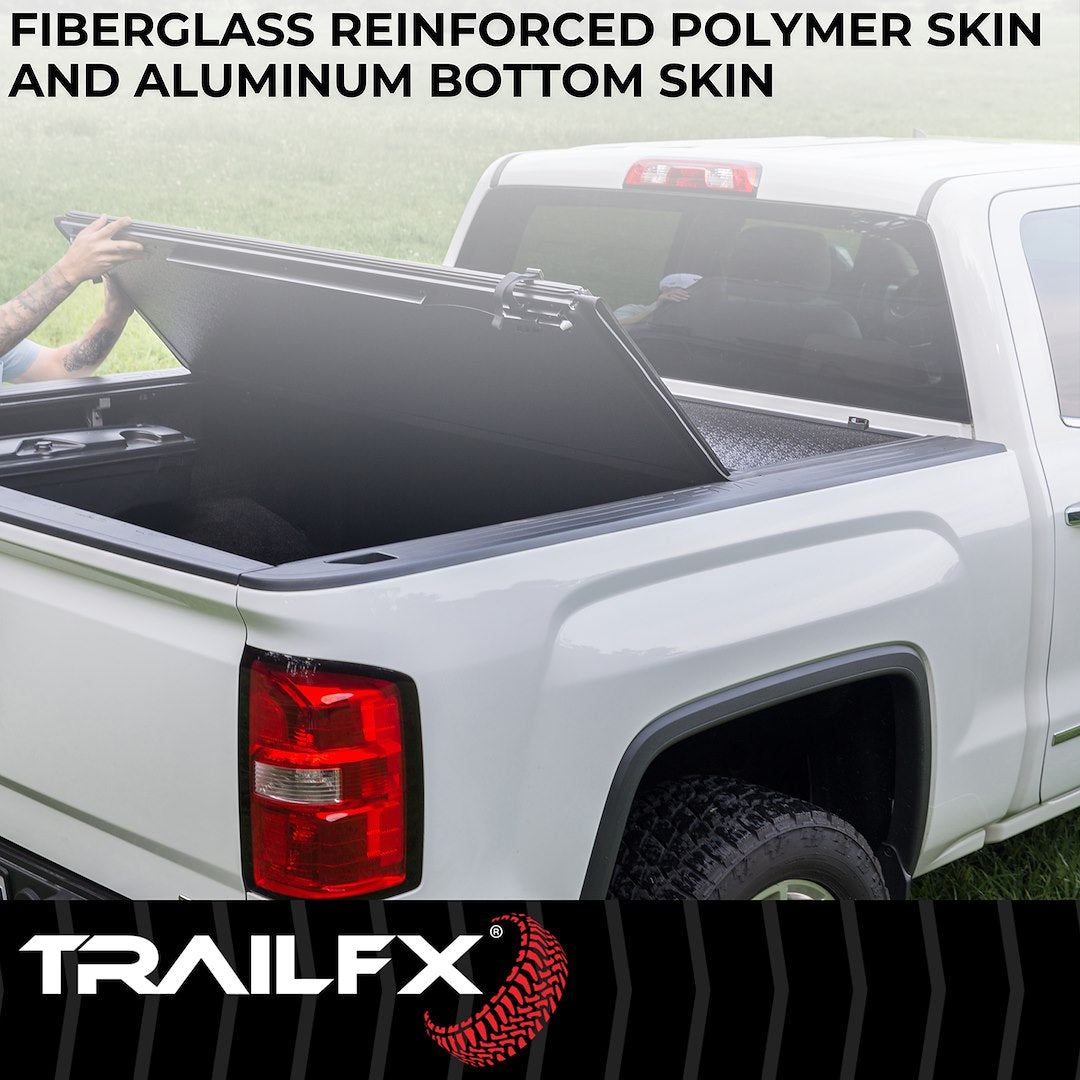 TFX TONNEAU TFX3526 TrailFX  - Tonneau Cover; TFX Standard Flush Tri-Fold; Hard Folding; 2 Folds/ 3 Panels; Low Profile; 2 Riding Positions; Lockable Using Tailgate Handle Lock; Black; Fiber Reinforced Plastic (FRP)