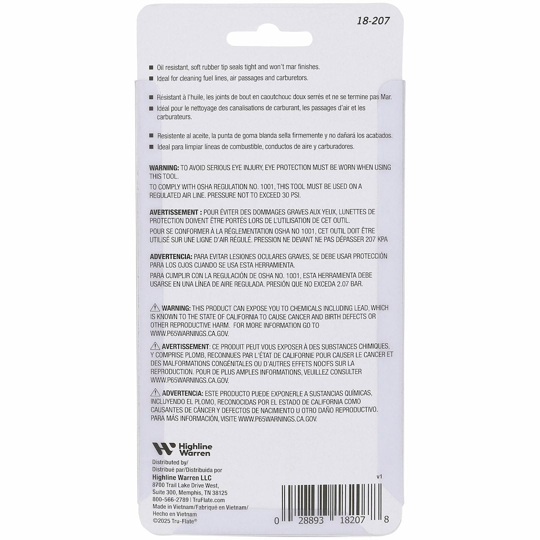 Edelmann 18207 Tru Flate 18-207 - Air Blow Gun; Palm Gun Design; 1/4 Inch Female NPT Inlet; Thumb Lever Control; Rubber Tip; 30 PSI Maximum Pressure