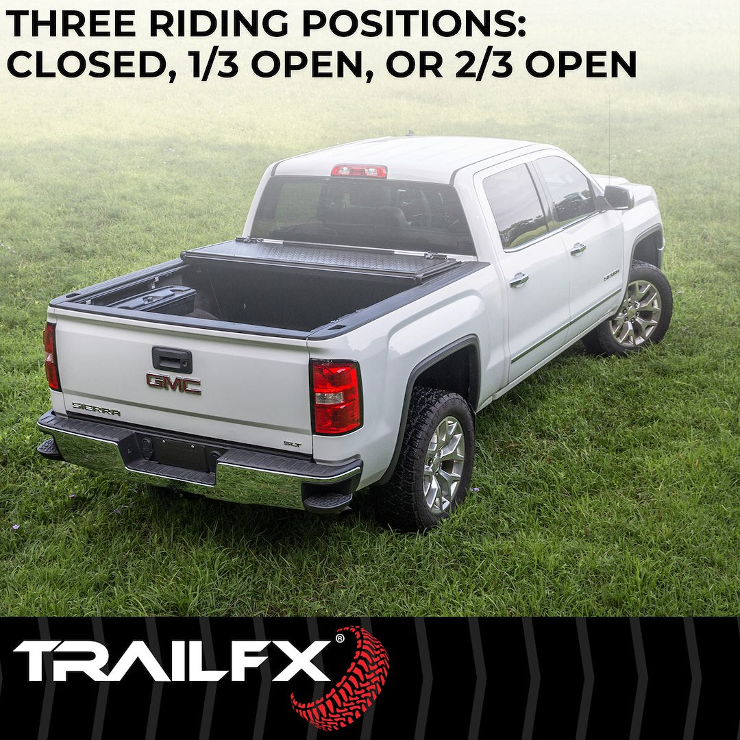 TFX TONNEAU TFX3529 TrailFX  - Tonneau Cover; TFX Standard Flush Tri-Fold; Hard Folding; 2 Folds/ 3 Panels; Low Profile; 2 Riding Positions; Lockable Using Tailgate Handle Lock; Black; Fiber Reinforced Plastic (FRP)