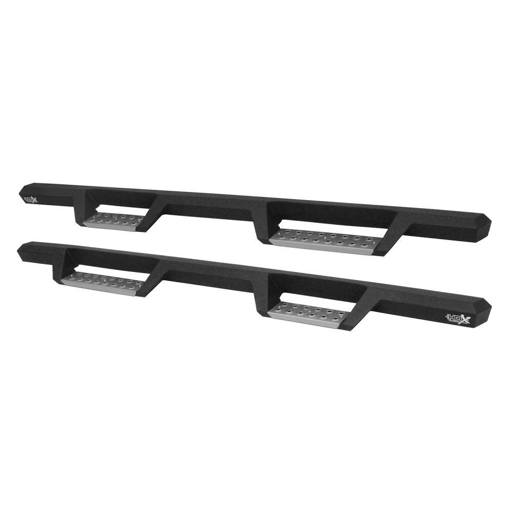 Westin 56137152 Automotive 56-137152 - Nerf Bar; HDX; With Drop Down Steps; 3 Inch Square Straight; Powder Coated; Black; Stainless Steel; With Welded End Caps; Rocker Panel Mount; With Polished Diamond Plate Step Pads On Drop Down Steps