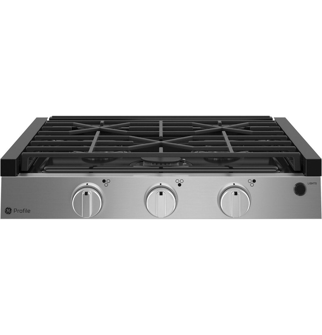 Profile PLU621RTSS GE Appliances  - Stove; GE ™; Cooktop; Black/ Gray; 21.53 Inch Width x 4.03 Inch Height x 21 Inch Depth; Electronic Ignition; 8000 BTU Front Burner/ Two 6500 BTU Rear Burners; 3 Burner; With Removable Grates For Quick Cleaning