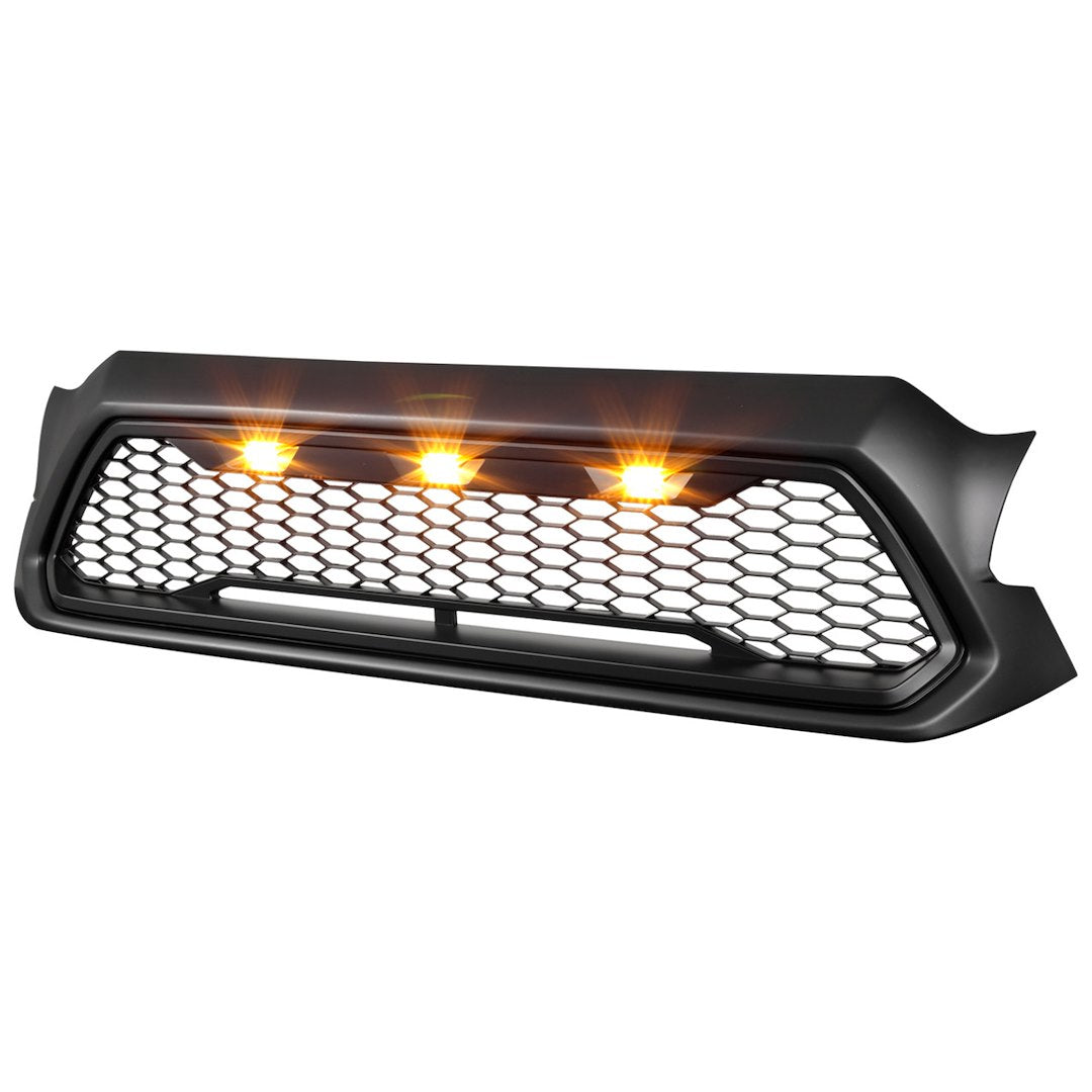 SPEC-D TUNING C12BBLEDKH HG-TAC12BB-LED-KH - Grille; Honeycomb Style; With Light Cutout; Matte Black; ABS Plastic; With 3 Amber LED Lights; Emblem Not Included; Includes Wiring Harness
