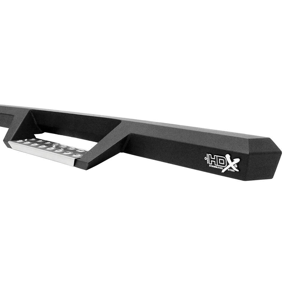 Westin 56140552 Automotive 56-140552 - Nerf Bar; HDX; With Drop Down Steps; 3 Inch Square Straight; Powder Coated; Black; Stainless Steel; With Welded End Caps; Rocker Panel Mount; With Polished Diamond Plate Step Pads On Drop Down Steps