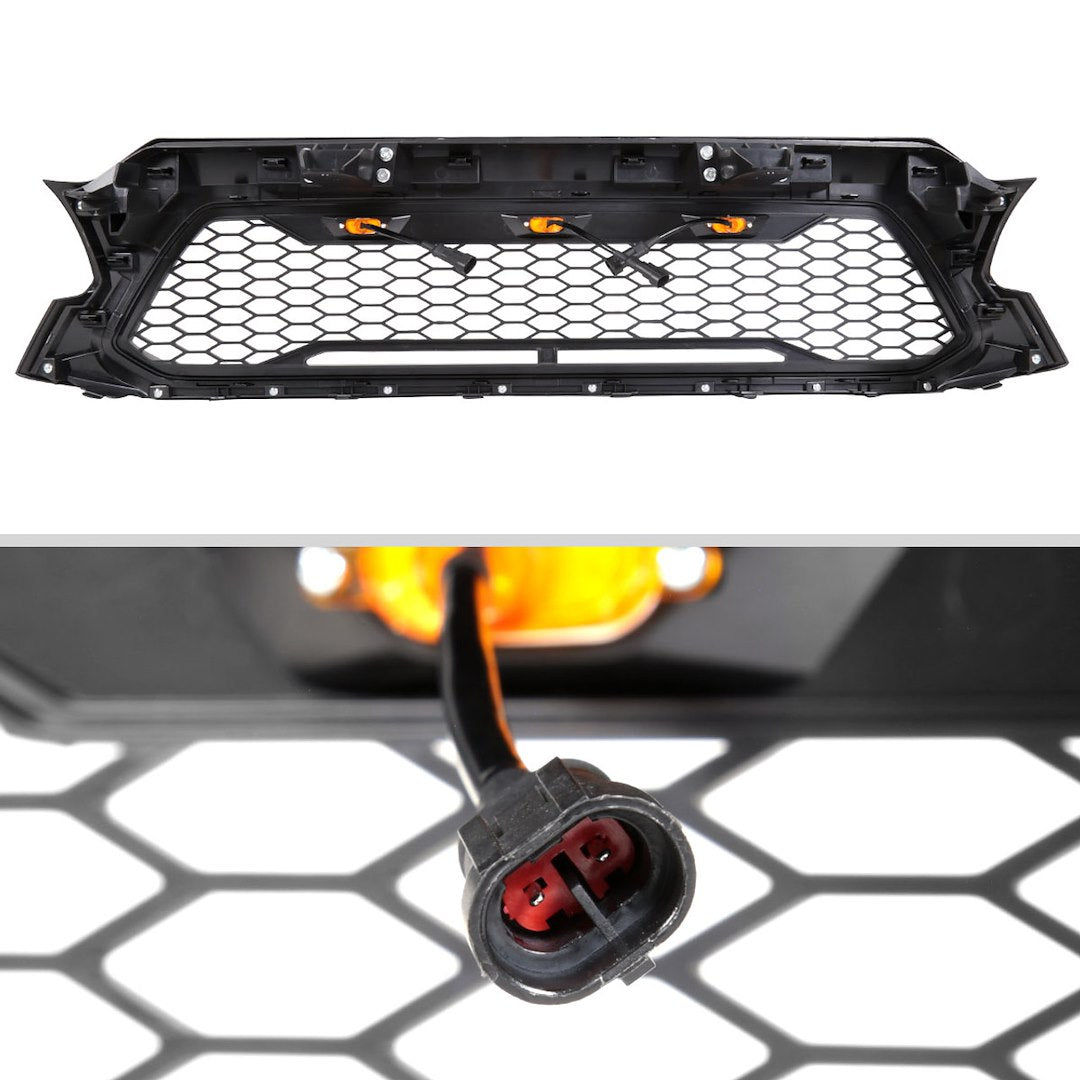 SPEC-D TUNING C12BBLEDKH HG-TAC12BB-LED-KH - Grille; Honeycomb Style; With Light Cutout; Matte Black; ABS Plastic; With 3 Amber LED Lights; Emblem Not Included; Includes Wiring Harness