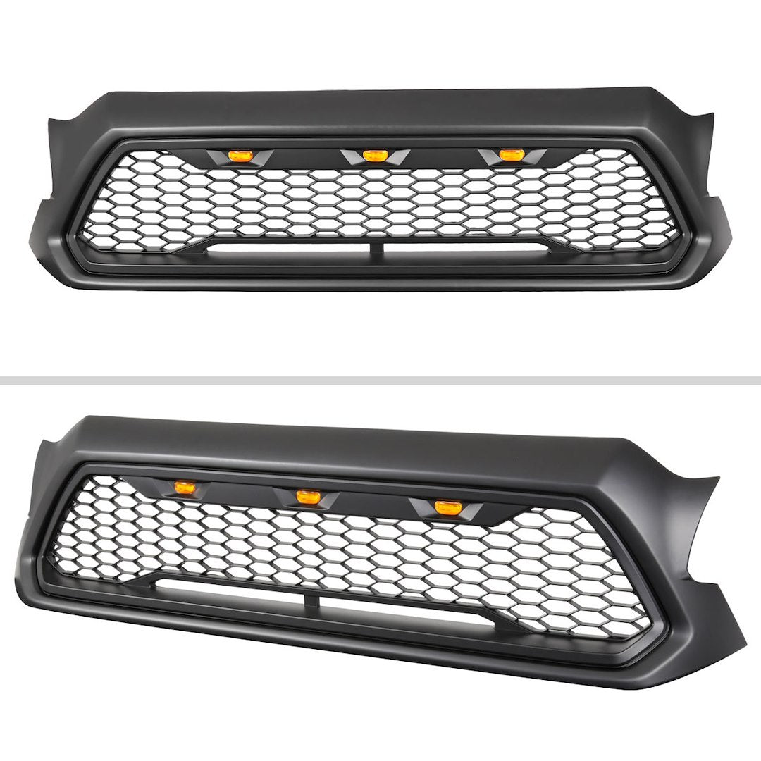 SPEC-D TUNING C12BBLEDKH HG-TAC12BB-LED-KH - Grille; Honeycomb Style; With Light Cutout; Matte Black; ABS Plastic; With 3 Amber LED Lights; Emblem Not Included; Includes Wiring Harness