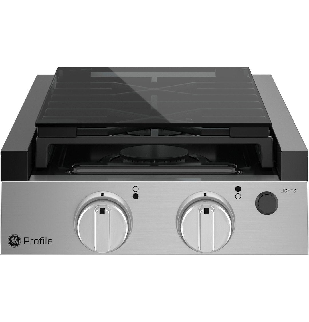 Profile PLU612RTSS GE Appliances  - Stove; GE ™; Range; Gray; 12 Inch Width x 4-1/10 Inch Height x 22-3/5 Inch Depth; Piezo Ignition; 6500 BTU Front And Rear Burners; 12 Volt; 2 Burners; With Removable Grates For Cleaning; Cast Metal Knobs