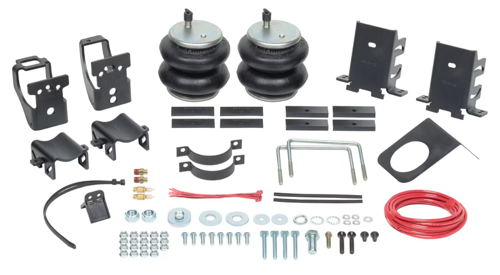 Airide 2597 Firestone Industrial  - Helper Spring Kit; Ride-Rite™; Air Spring; Frame Mount; 3200 To 5000 Pound Leveling Capacity; Adjustable from 5 To 100 PSI; Rubber; Includes Air Springs/ Brackets/ Air Line/ Hardware; Air Compressor Sold Separately