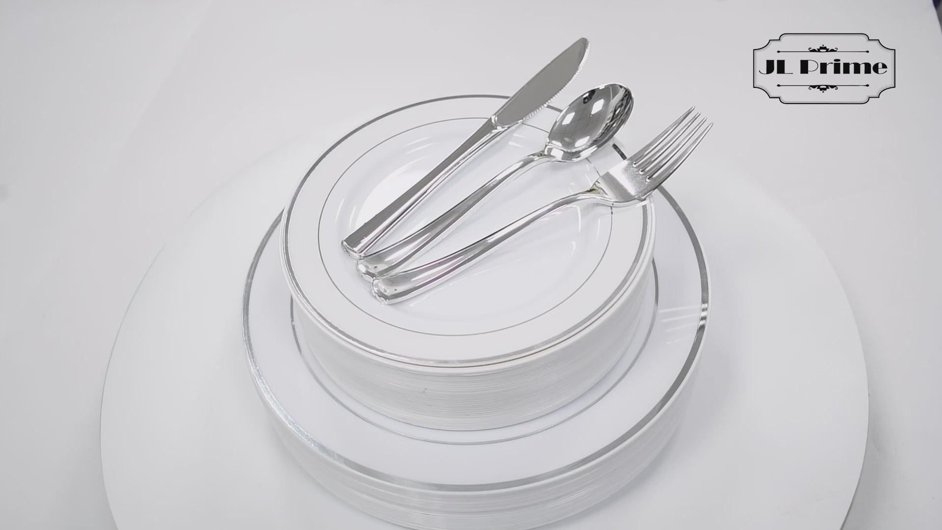 Silver Spoons Modern Plastic Plates for Party, Heavy Duty