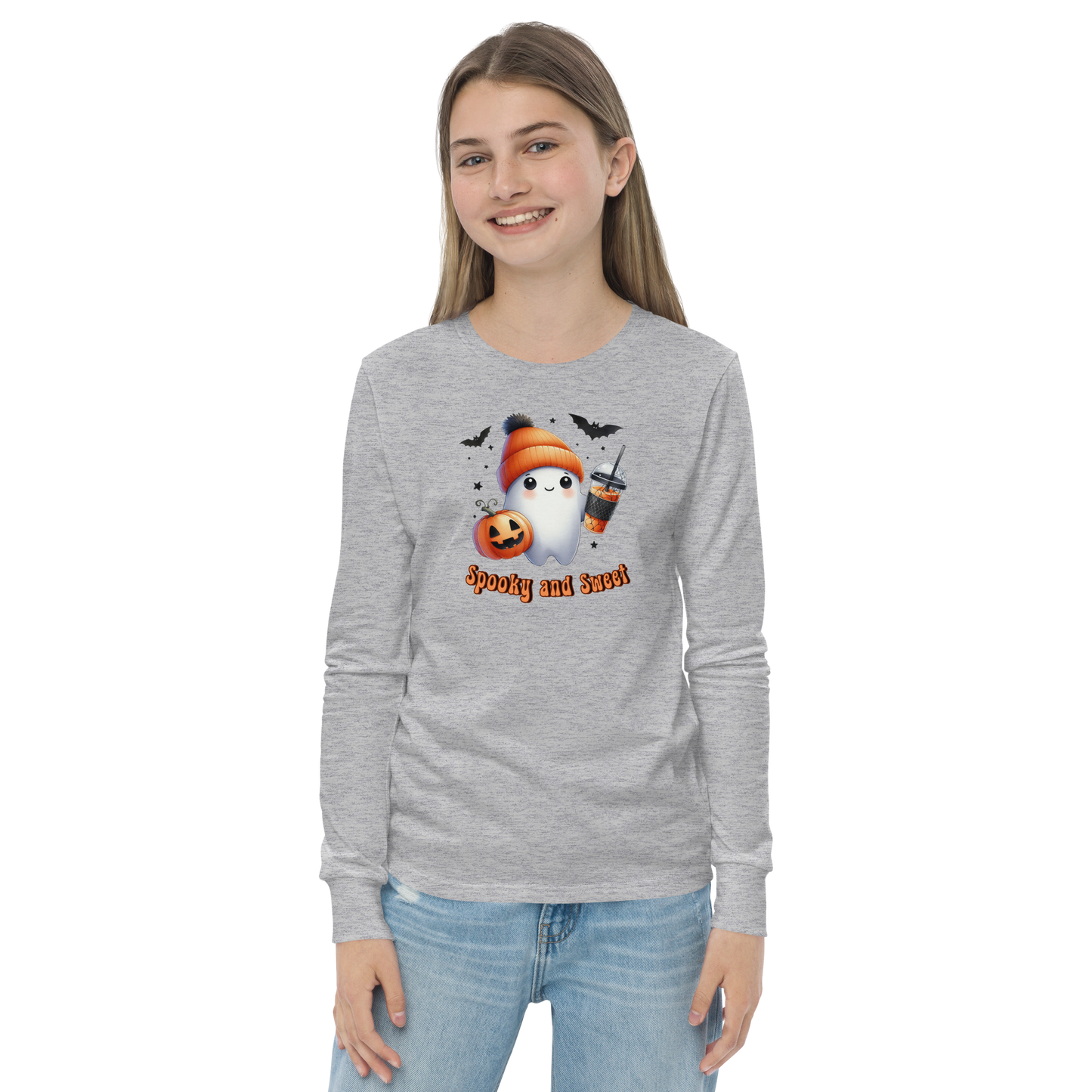 Halloween Youth Long Sleeve Shirt, Spooky and Sweet Ghost Design, 100% Airlume Combed Cotton, Regular Fit, Ribbed Cuff, 5 Colors Available, Soft & Durable, Perfect Halloween Gift for Kids