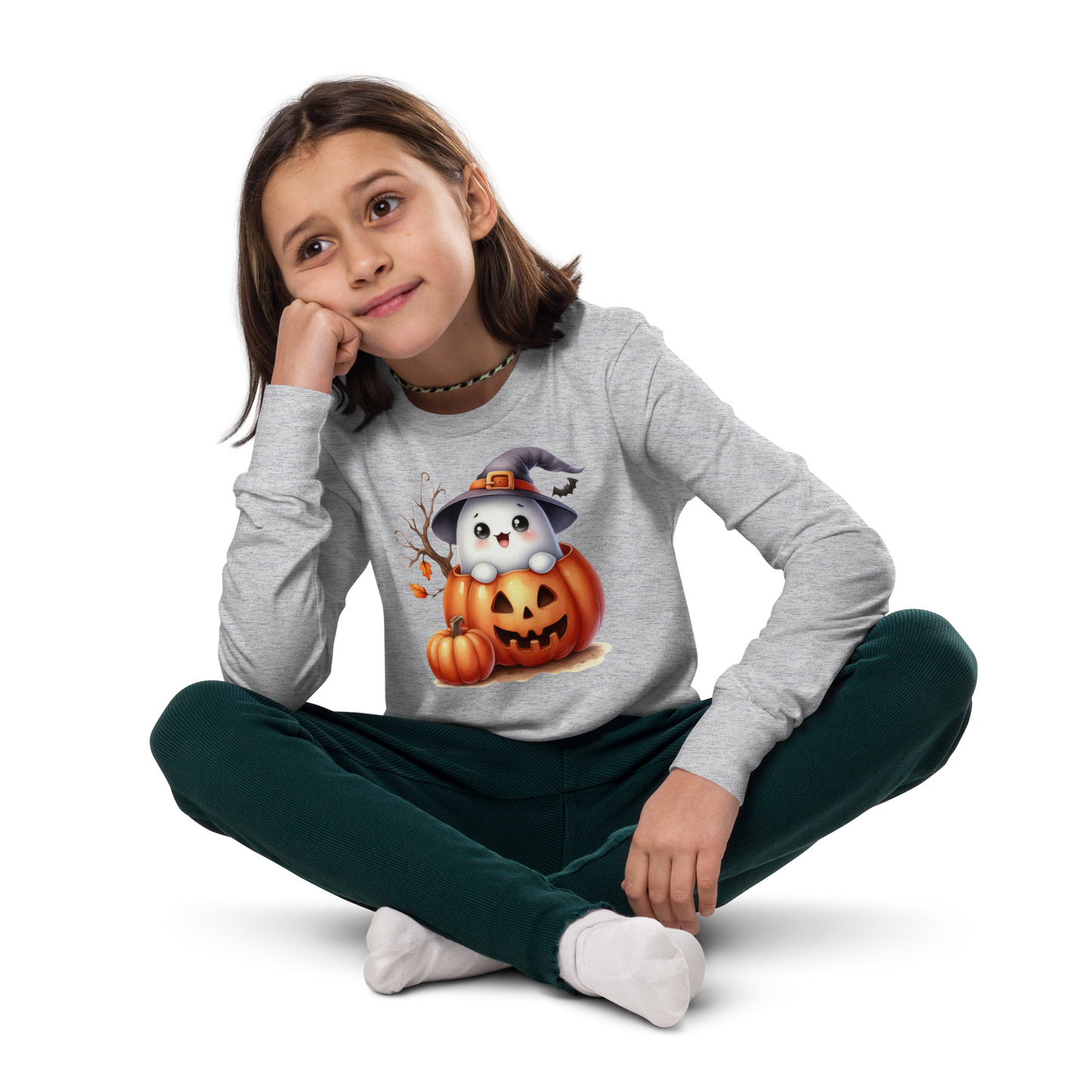 Halloween Youth Long Sleeve Shirt, Spooky and Sweet Ghost Design, 100% Airlume Combed Cotton, Regular Fit, Ribbed Cuff, 5 Colors Available, Soft & Durable, Perfect Halloween Gift for Kids