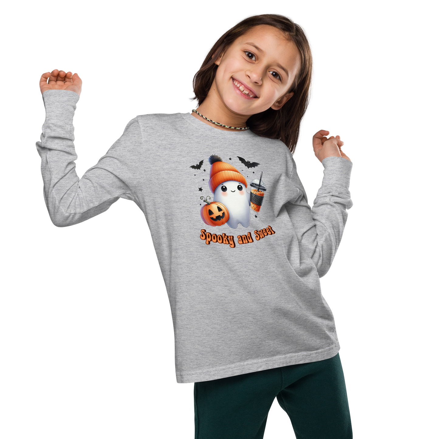 Halloween Youth Long Sleeve Shirt, Spooky and Sweet Ghost Design, 100% Airlume Combed Cotton, Regular Fit, Ribbed Cuff, 5 Colors Available, Soft & Durable, Perfect Halloween Gift for Kids