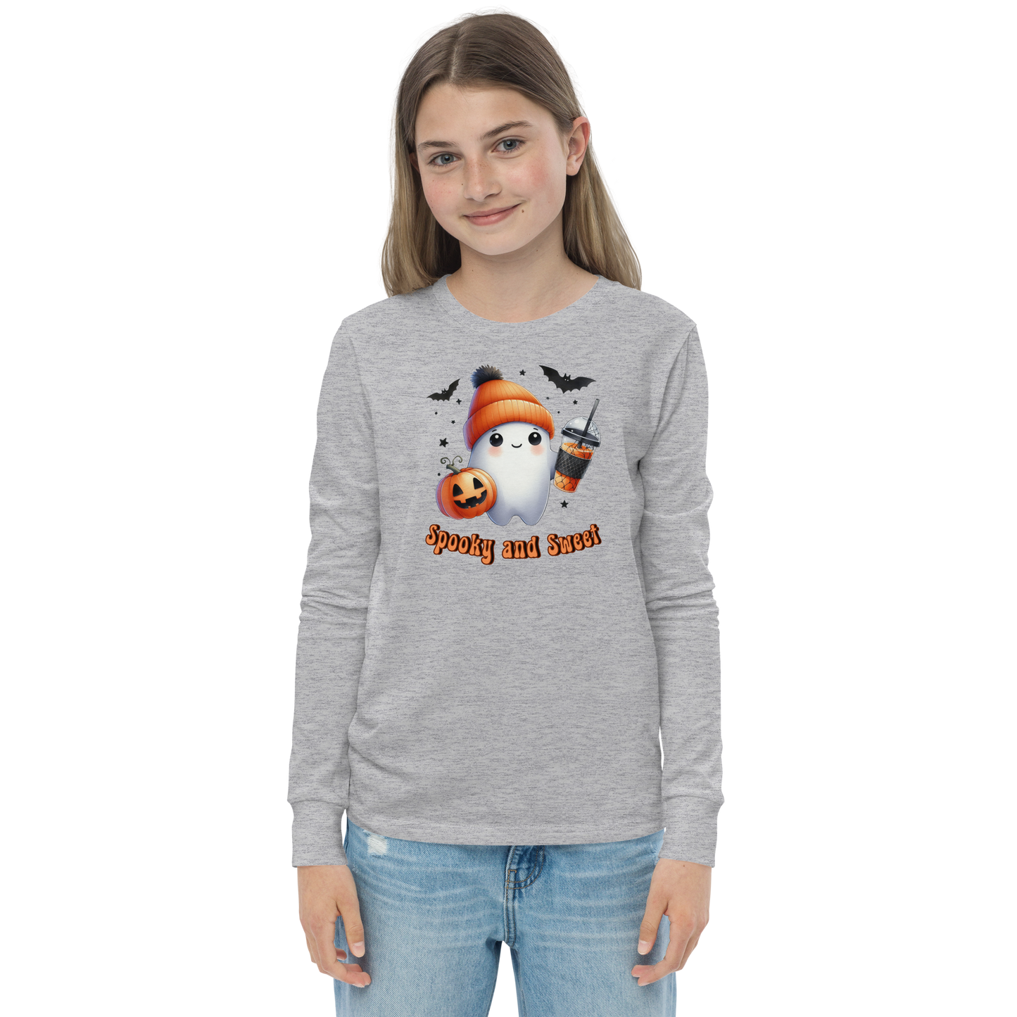 Halloween Youth Long Sleeve Shirt, Spooky and Sweet Ghost Design, 100% Airlume Combed Cotton, Regular Fit, Ribbed Cuff, 5 Colors Available, Soft & Durable, Perfect Halloween Gift for Kids