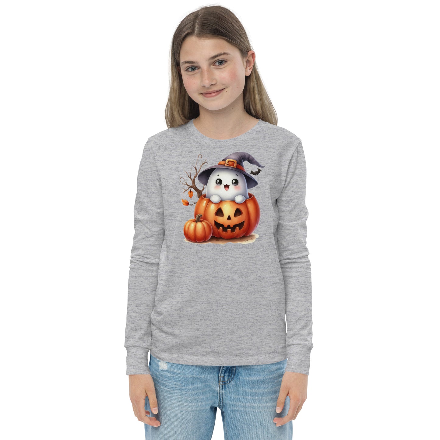 Halloween Youth Long Sleeve Shirt, Spooky and Sweet Ghost Design, 100% Airlume Combed Cotton, Regular Fit, Ribbed Cuff, 5 Colors Available, Soft & Durable, Perfect Halloween Gift for Kids