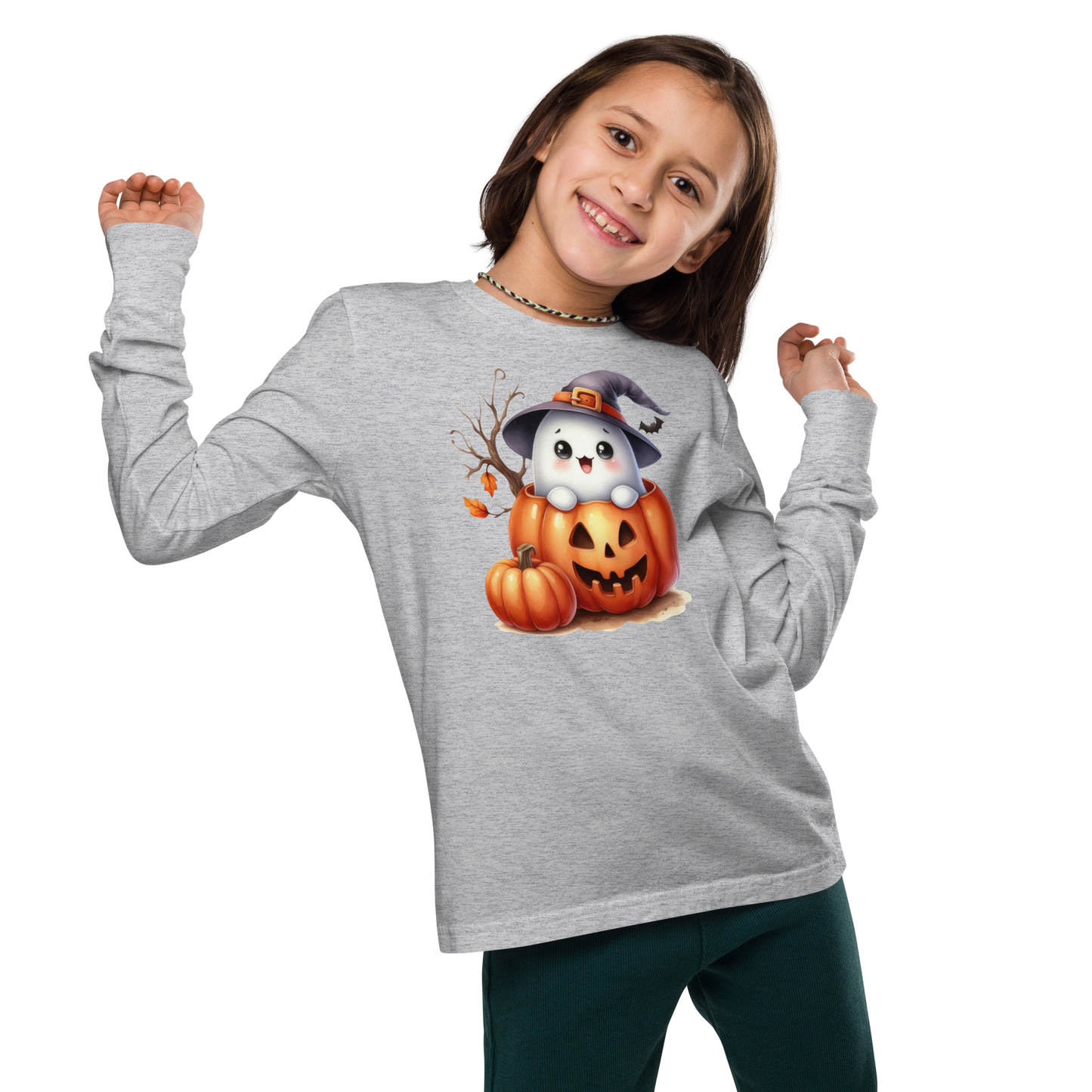 Halloween Youth Long Sleeve Shirt, Spooky and Sweet Ghost Design, 100% Airlume Combed Cotton, Regular Fit, Ribbed Cuff, 5 Colors Available, Soft & Durable, Perfect Halloween Gift for Kids