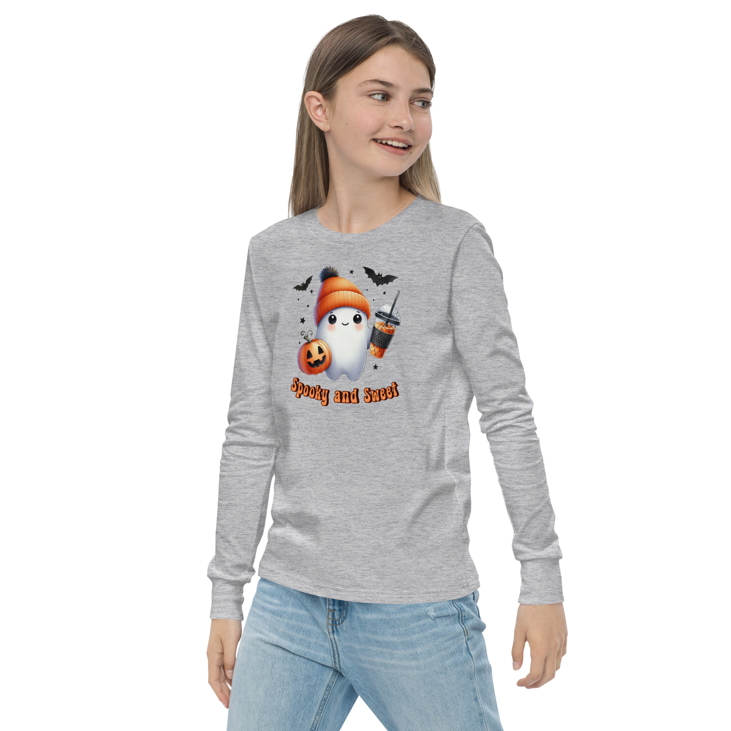 Halloween Youth Long Sleeve Shirt, Spooky and Sweet Ghost Design, 100% Airlume Combed Cotton, Regular Fit, Ribbed Cuff, 5 Colors Available, Soft & Durable, Perfect Halloween Gift for Kids