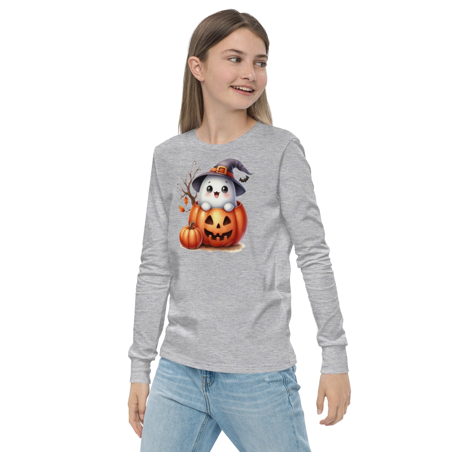 Halloween Youth Long Sleeve Shirt, Spooky and Sweet Ghost Design, 100% Airlume Combed Cotton, Regular Fit, Ribbed Cuff, 5 Colors Available, Soft & Durable, Perfect Halloween Gift for Kids