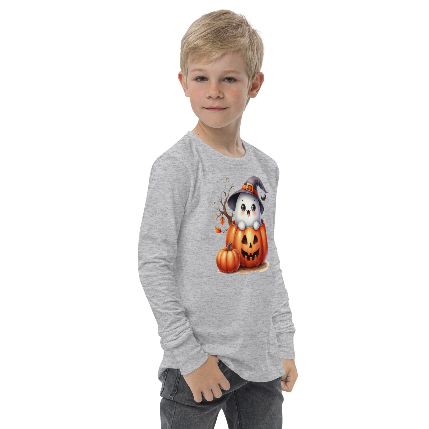 Halloween Youth Long Sleeve Shirt, Spooky and Sweet Ghost Design, 100% Airlume Combed Cotton, Regular Fit, Ribbed Cuff, 5 Colors Available, Soft & Durable, Perfect Halloween Gift for Kids