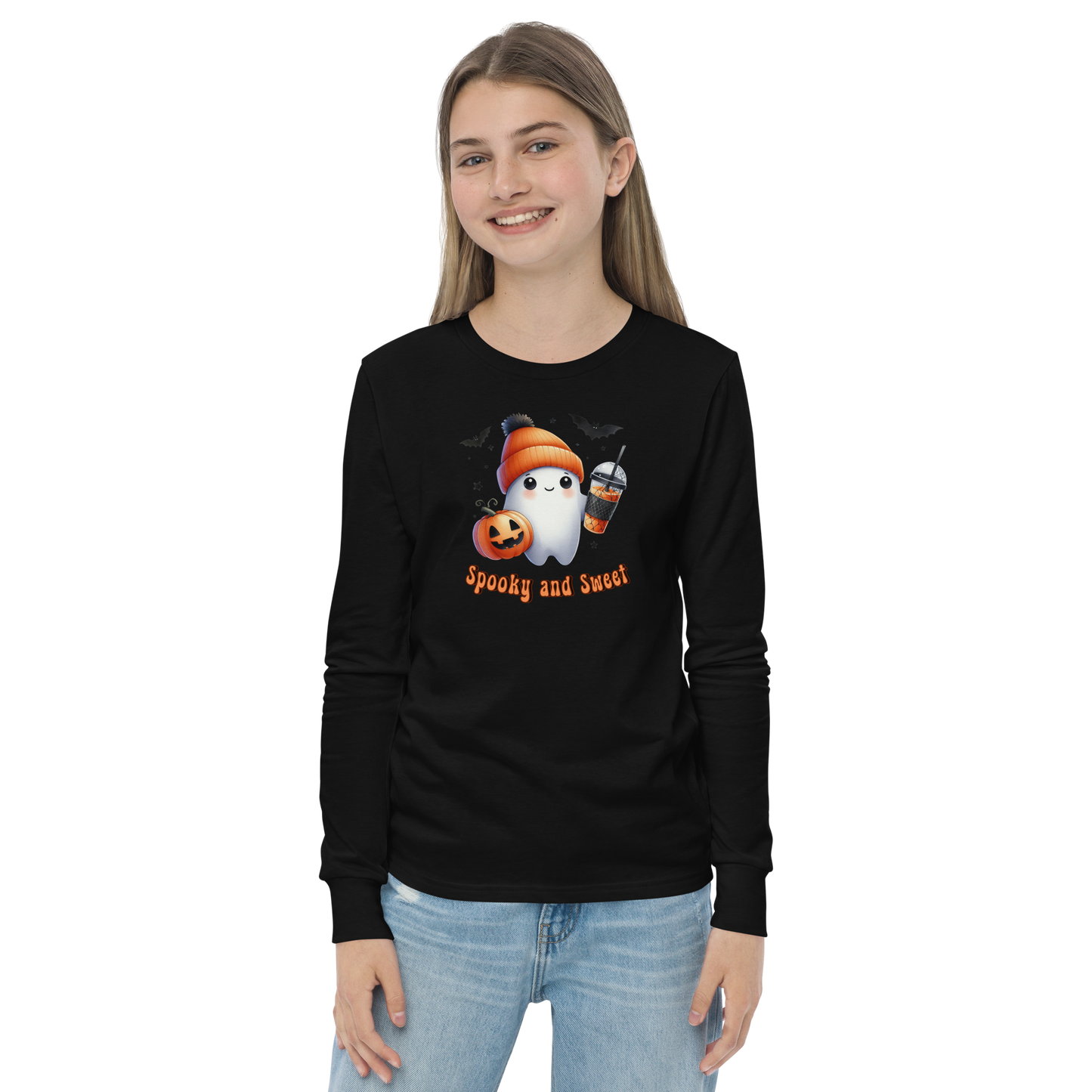 Halloween Youth Long Sleeve Shirt, Spooky and Sweet Ghost Design, 100% Airlume Combed Cotton, Regular Fit, Ribbed Cuff, 5 Colors Available, Soft & Durable, Perfect Halloween Gift for Kids