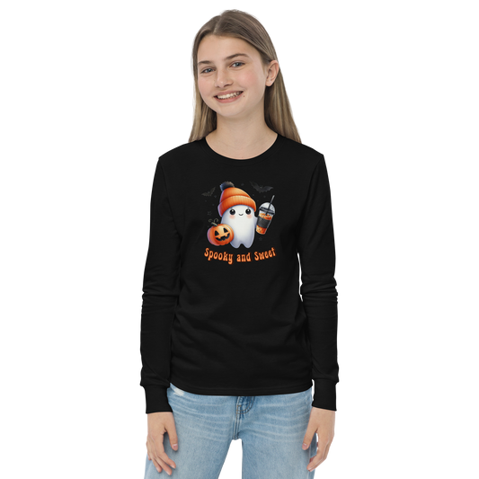 Halloween Youth Long Sleeve Shirt, Spooky and Sweet Ghost Design, 100% Airlume Combed Cotton, Regular Fit, Ribbed Cuff, 5 Colors Available, Soft & Durable, Perfect Halloween Gift for Kids